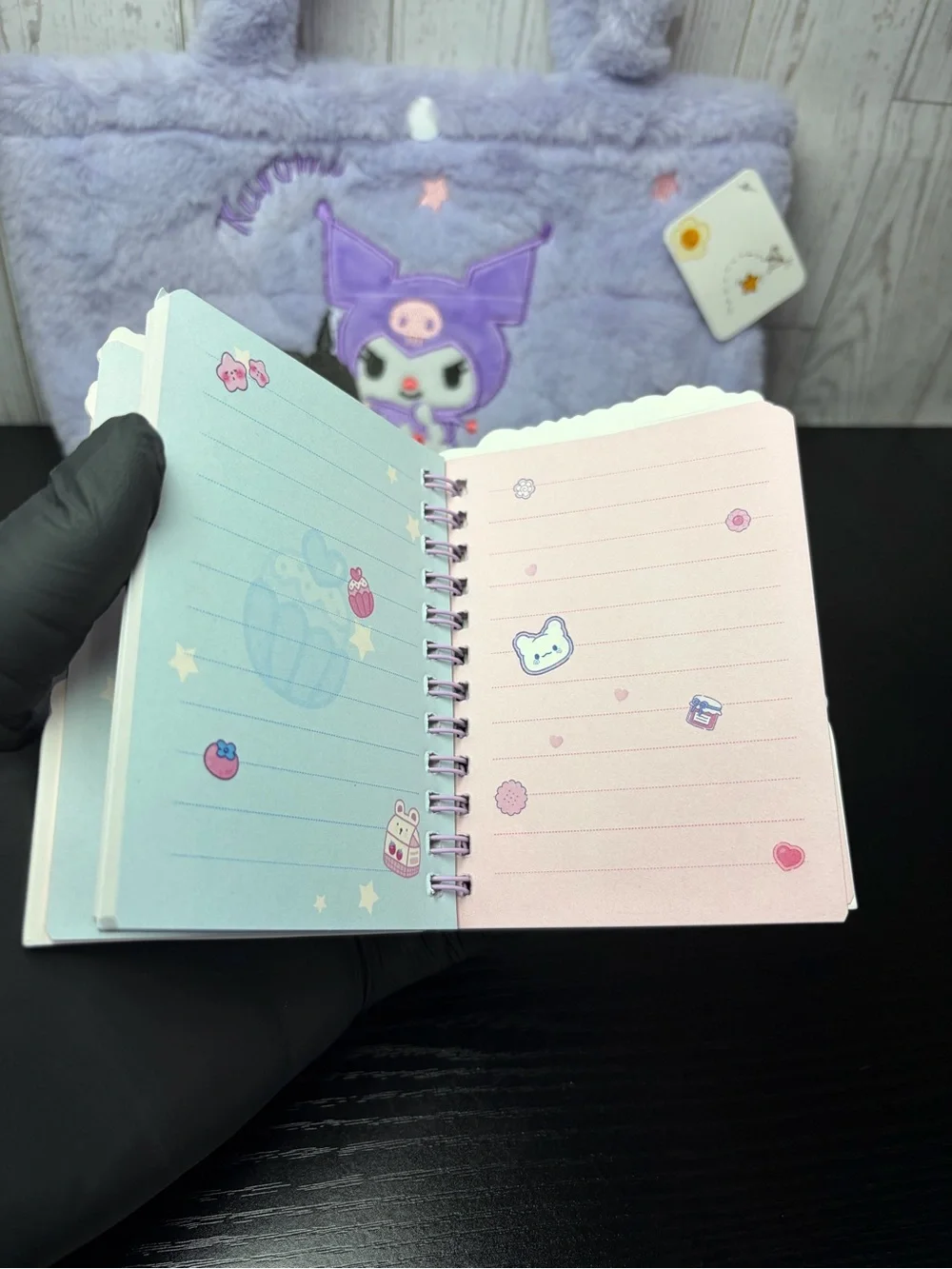 Lilac Plush Kids Kuromi Embroidered Handbag With Kute Kuromi Notepad